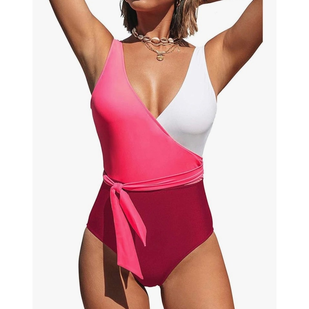 Cupshe‎ Color Block One Piece Swimsuit Wrap Tie V Neck Bathing Suit size M